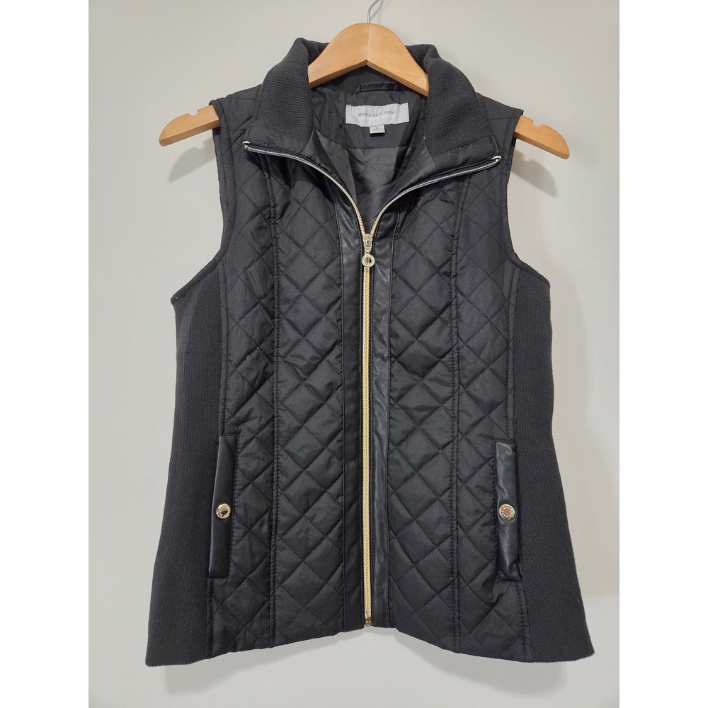 Marc New York Andrew Marc Womens Quilted Vest Black Gold Zip Ribbed Sides Small